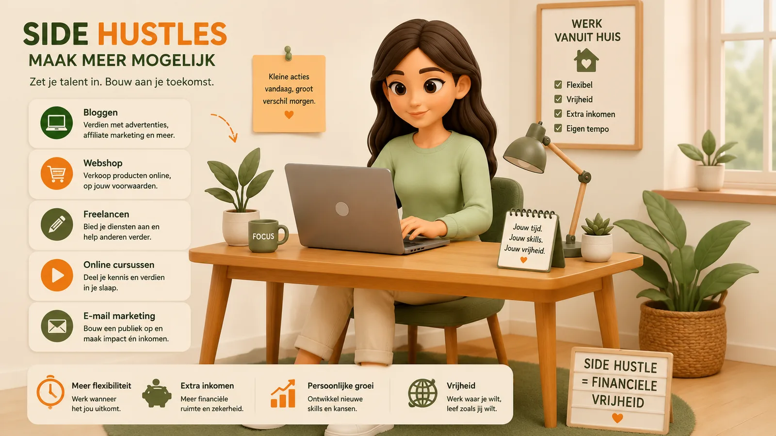 3D-illustratie van een vrouw die aan een bureau werkt met iconen voor bloggen, freelancen en online cursussen.