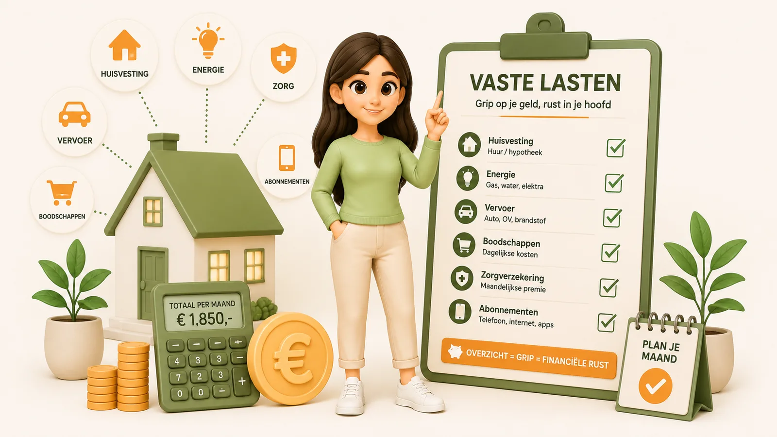 3D-illustratie van een vrouw die naar een checklist met vaste lasten wijst naast een huis en een rekenmachine.