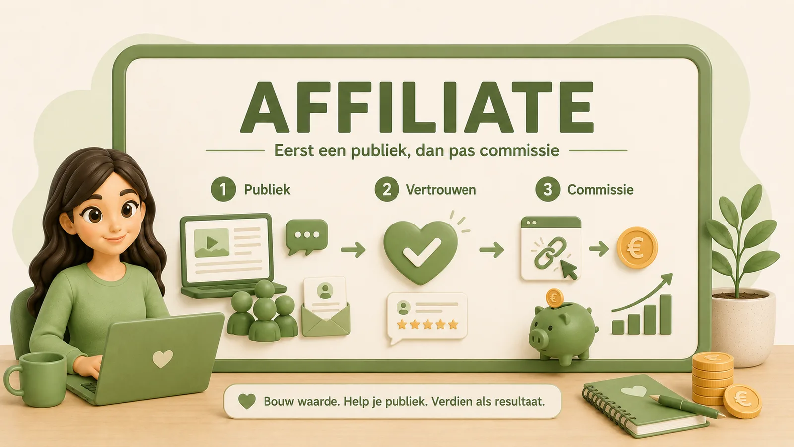 Illustratie met een bord met de tekst Affiliate, eerst een publiek, dan pas commissie. Daaronder drie genummerde stappen: publiek, vertrouwen en commissie, uitgebeeld met een laptop, een groep mensen, een hart met vinkje, een link-icoon en een spaarvarken. Links zit een vrouw in een groene trui achter een laptop. Onderin staat: bouw waarde, help je publiek, verdien als resultaat.