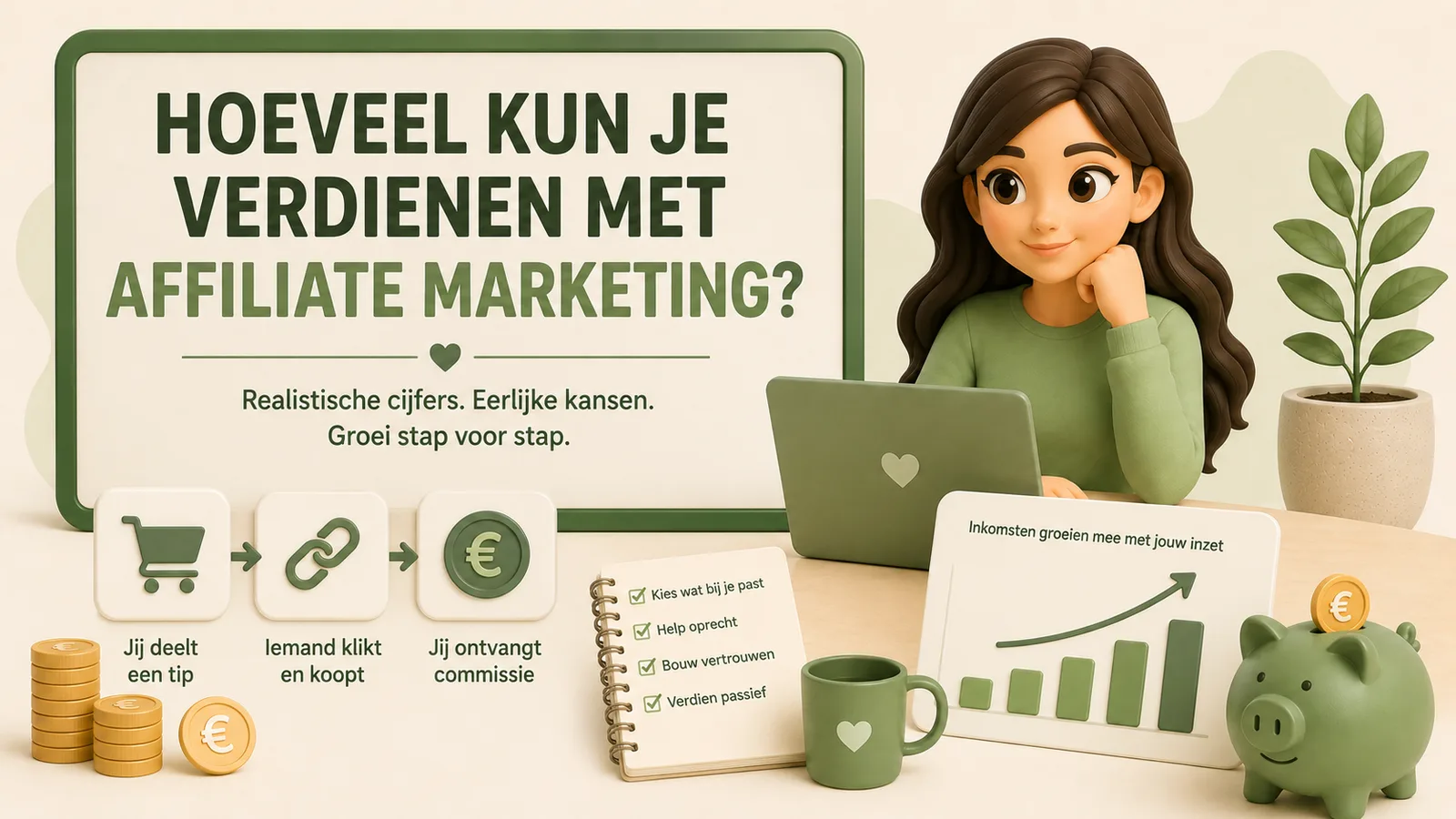 Illustratie met een bord met de vraag: hoeveel kun je verdienen met affiliate marketing? Eronder staat: realistische cijfers, eerlijke kansen, groei stap voor stap. Links een reeks van drie stappen: jij deelt een tip, iemand klikt en koopt, jij ontvangt commissie. Rechts een notitieboek met vinkjes bij kies wat bij je past, help oprecht, bouw vertrouwen en verdien passief, plus een staafdiagram met een stijgende pijl en de tekst inkomsten groeien mee met jouw inzet. Een vrouw in een groene trui zit achter een laptop.