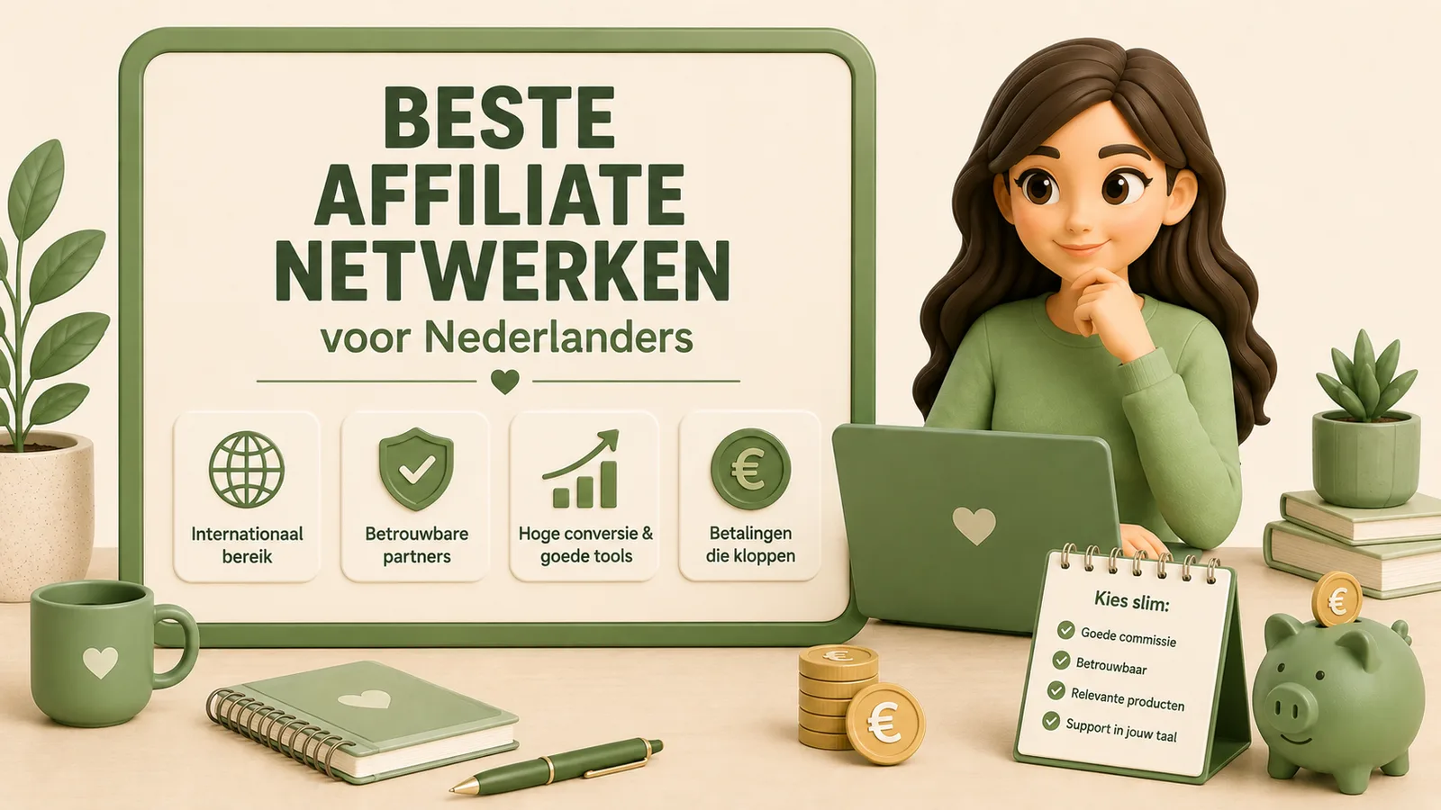 Illustratie met een bord met de tekst beste affiliate netwerken voor Nederlanders. Daaronder vier kaartjes met iconen: internationaal bereik, betrouwbare partners, hoge conversie en goede tools, en betalingen die kloppen. Rechts een vrouw in een groene trui achter een laptop en een opstaand kaartje met de kop kies slim en de punten goede commissie, betrouwbaar, relevante producten en support in jouw taal.