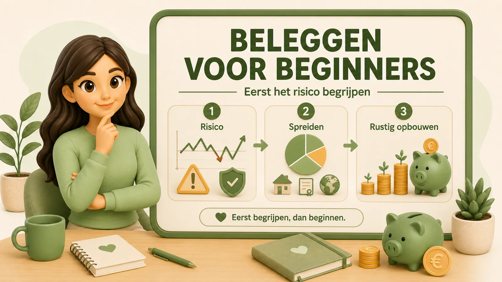 Illustratie met een bord met de tekst beleggen voor beginners, eerst het risico begrijpen. Daaronder drie genummerde stappen: risico met een schommelende koerslijn, een waarschuwingsdriehoek en een schild, spreiden met een taartdiagram en iconen voor een huis, een obligatie en de wereld, en rustig opbouwen met muntstapels waar plantjes uit groeien en een spaarvarken. Links een vrouw in een groene trui met haar hand aan haar kin. Onderin staat: eerst begrijpen, dan beginnen.