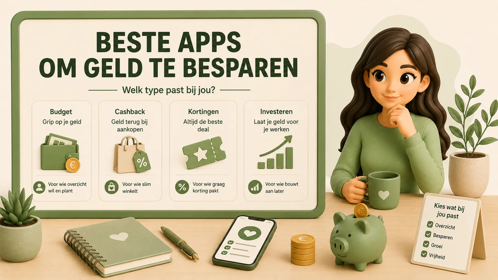 Illustratie met een bord met de tekst beste apps om geld te besparen, welk type past bij jou? Daaronder vier kolommen: budget met grip op je geld, cashback met geld terug bij aankopen, kortingen met altijd de beste deal, en investeren met laat je geld voor je werken. Op tafel liggen een notitieboek, een pen, een telefoon met een checklist en een spaarvarken. Rechts een vrouw in een groene trui met een mok en een kaartje met de tekst kies wat bij jou past met de punten overzicht, besparen, groei en vrijheid.