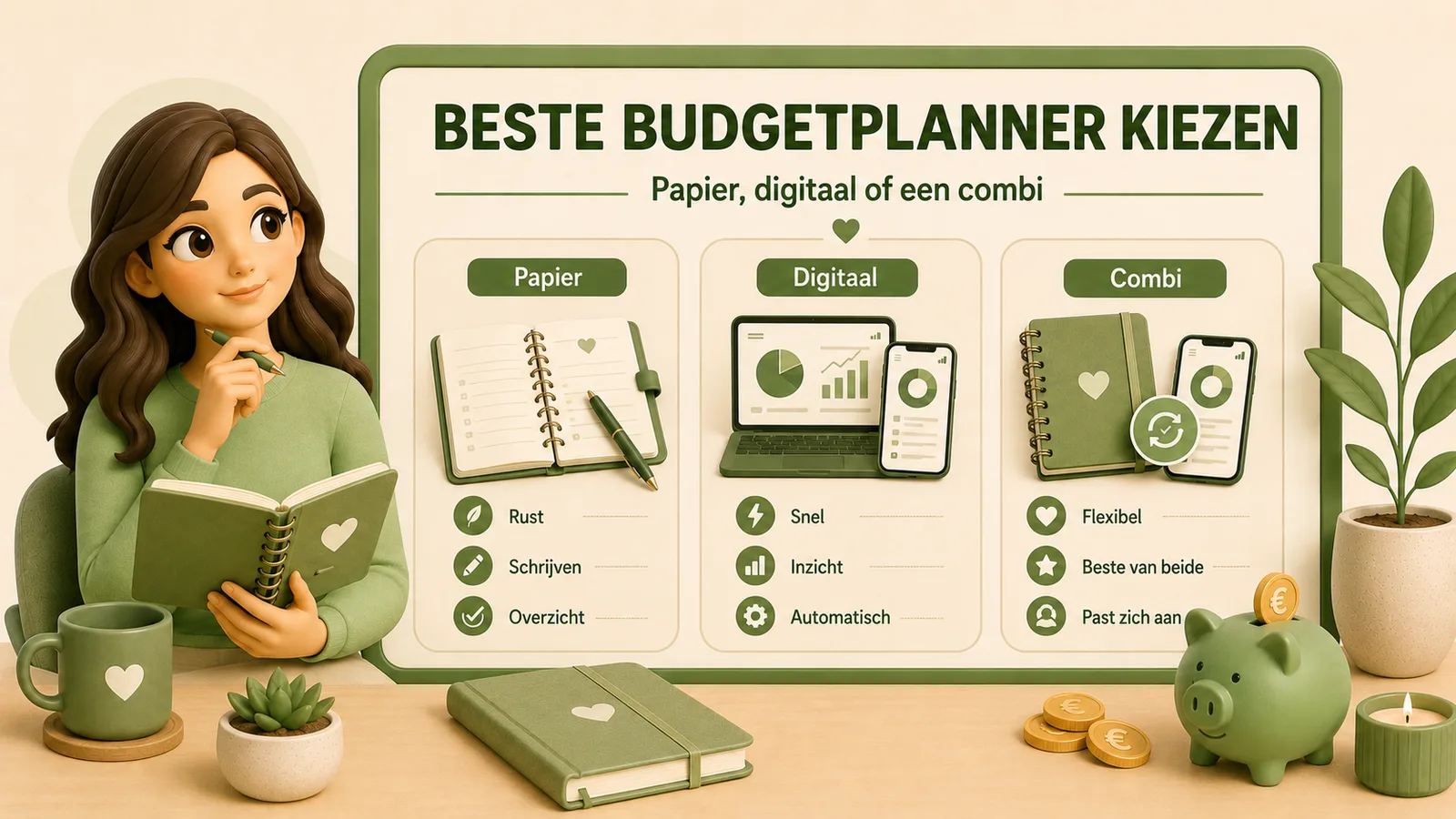 Illustratie met een bord met de tekst beste budgetplanner kiezen, papier, digitaal of een combi. Daaronder drie kolommen naast elkaar: papier met een ringband en pen en de punten rust, schrijven en overzicht, digitaal met een laptop en telefoon en de punten snel, inzicht en automatisch, en combi met een notitieboek naast een telefoon en de punten flexibel, beste van beide en past zich aan. Links een vrouw in een groene trui met een planner in haar handen.