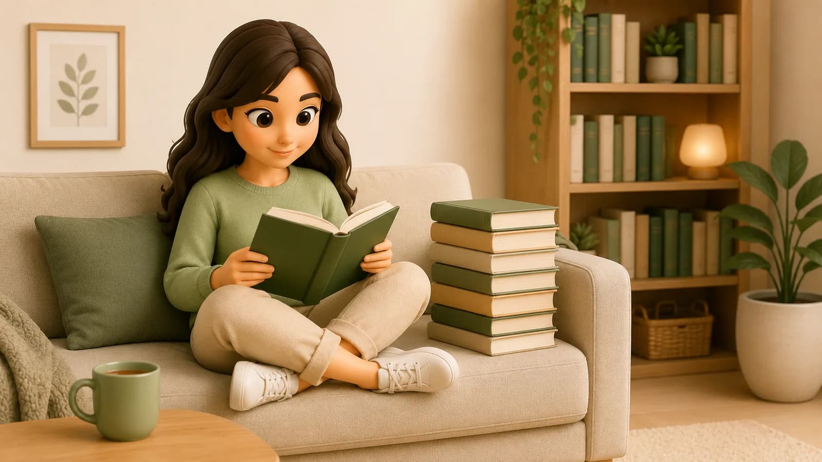 3D-illustratie van een vrouw die op de bank een boek leest naast een stapel boeken.