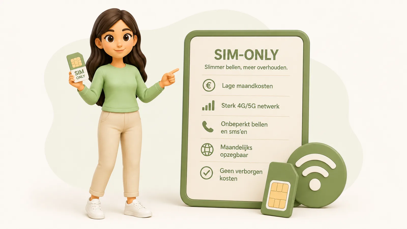 3D-illustratie van een staande vrouw die een simkaart vasthoudt naast een bord over sim-only met voordelen.