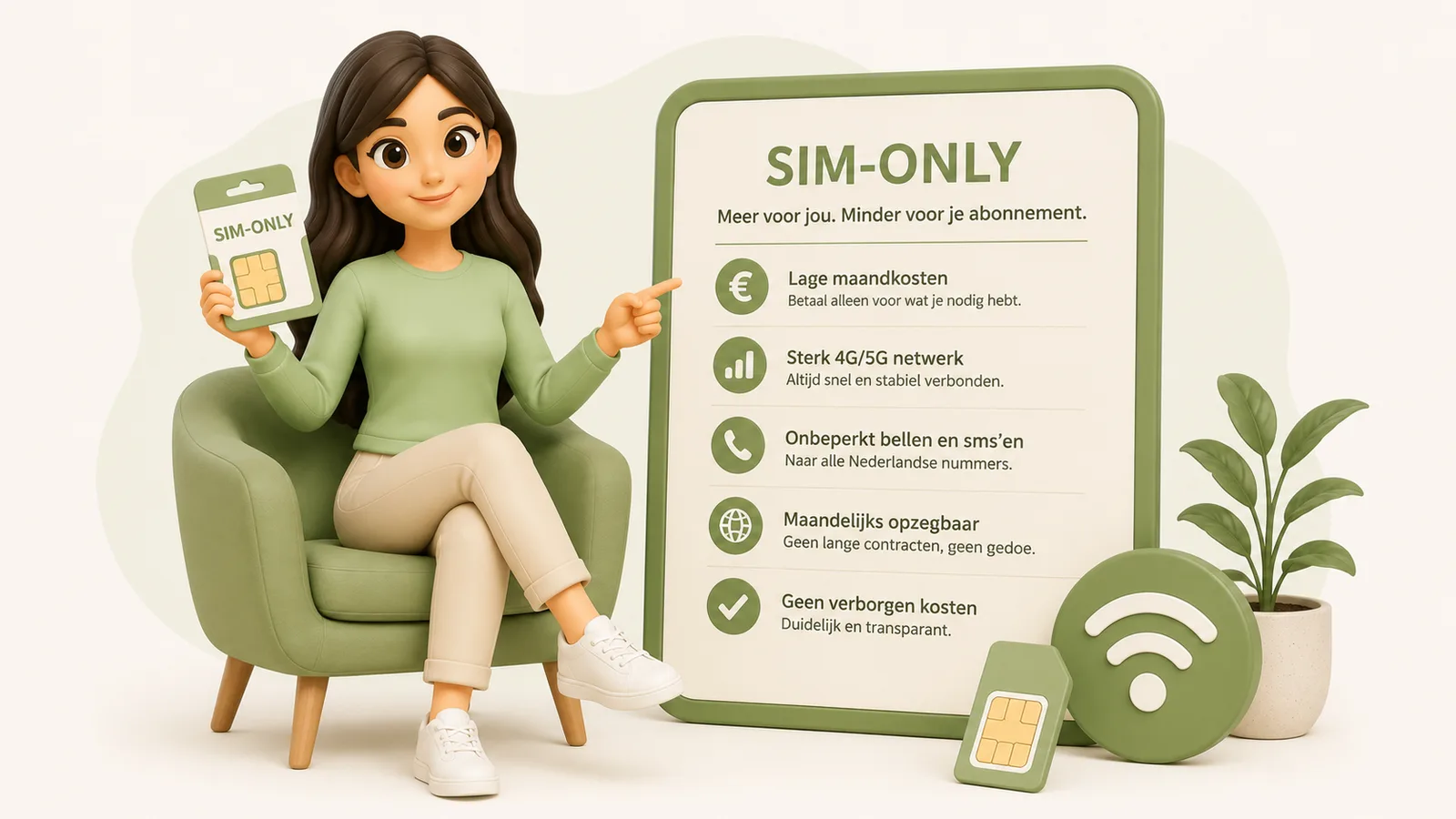 3D-illustratie van een zittende vrouw die een simkaart vasthoudt naast een bord over sim-only met voordelen.
