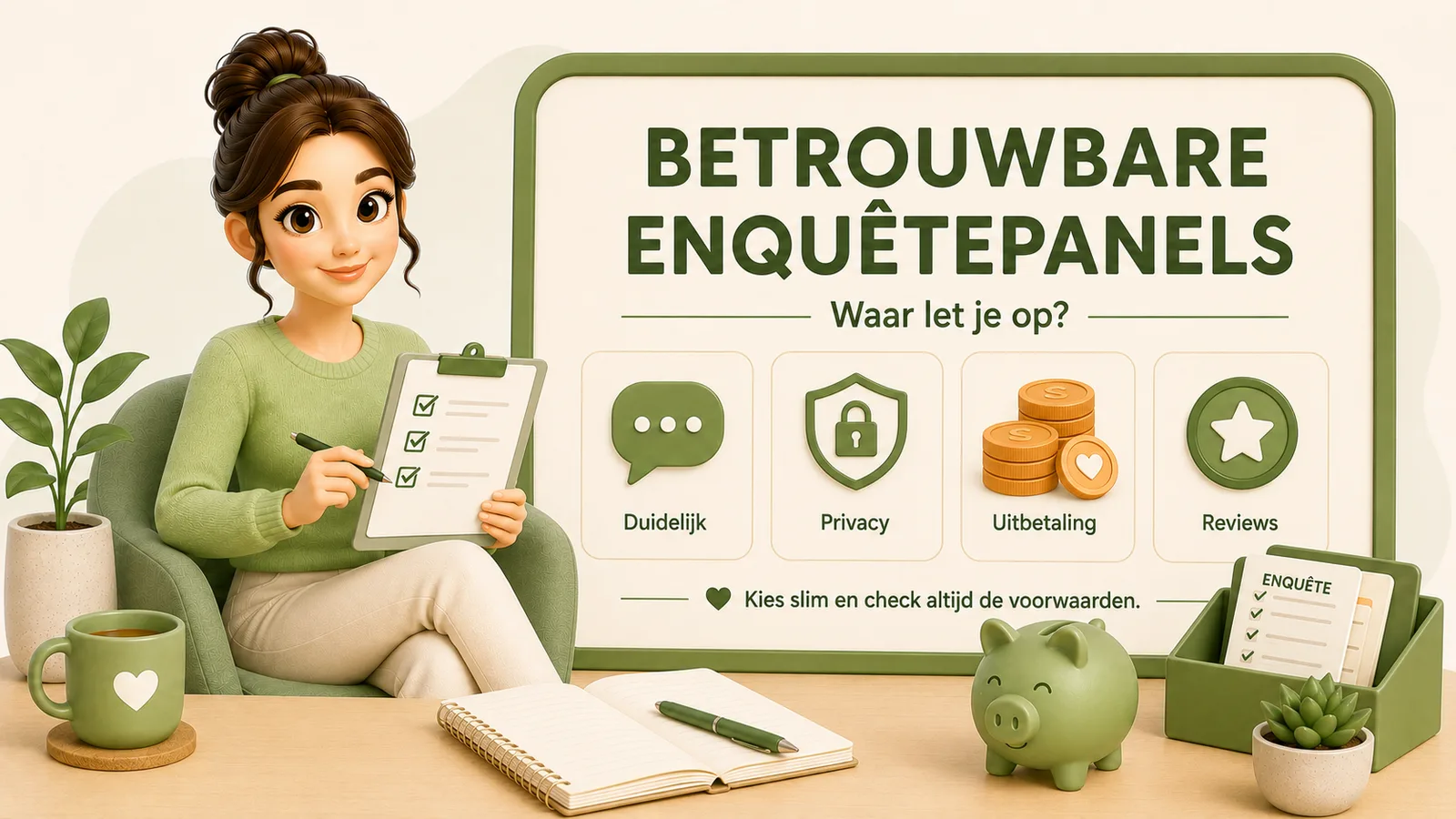 Illustratie van een vrouw in een groene trui met een klembord vol afvinkjes naast een infobord over betrouwbare enquetepanels met iconen voor duidelijkheid, privacy, uitbetaling en reviews, met een mok, spaarvarken en notitieboek op tafel.
