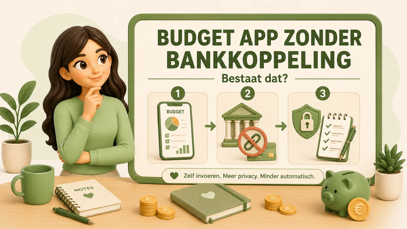 Illustratie met een bord met de tekst budget app zonder bankkoppeling, bestaat dat? Daaronder drie genummerde stappen: een telefoon met een budgetoverzicht, een bankgebouw met een doorgestreept kettingsymbool en een bankpas, en een hangslot naast een notitieblok met vinkjes en een pen. Links een vrouw in een groene trui met haar hand aan haar kin. Onderin staat: zelf invoeren, meer privacy, minder automatisch.