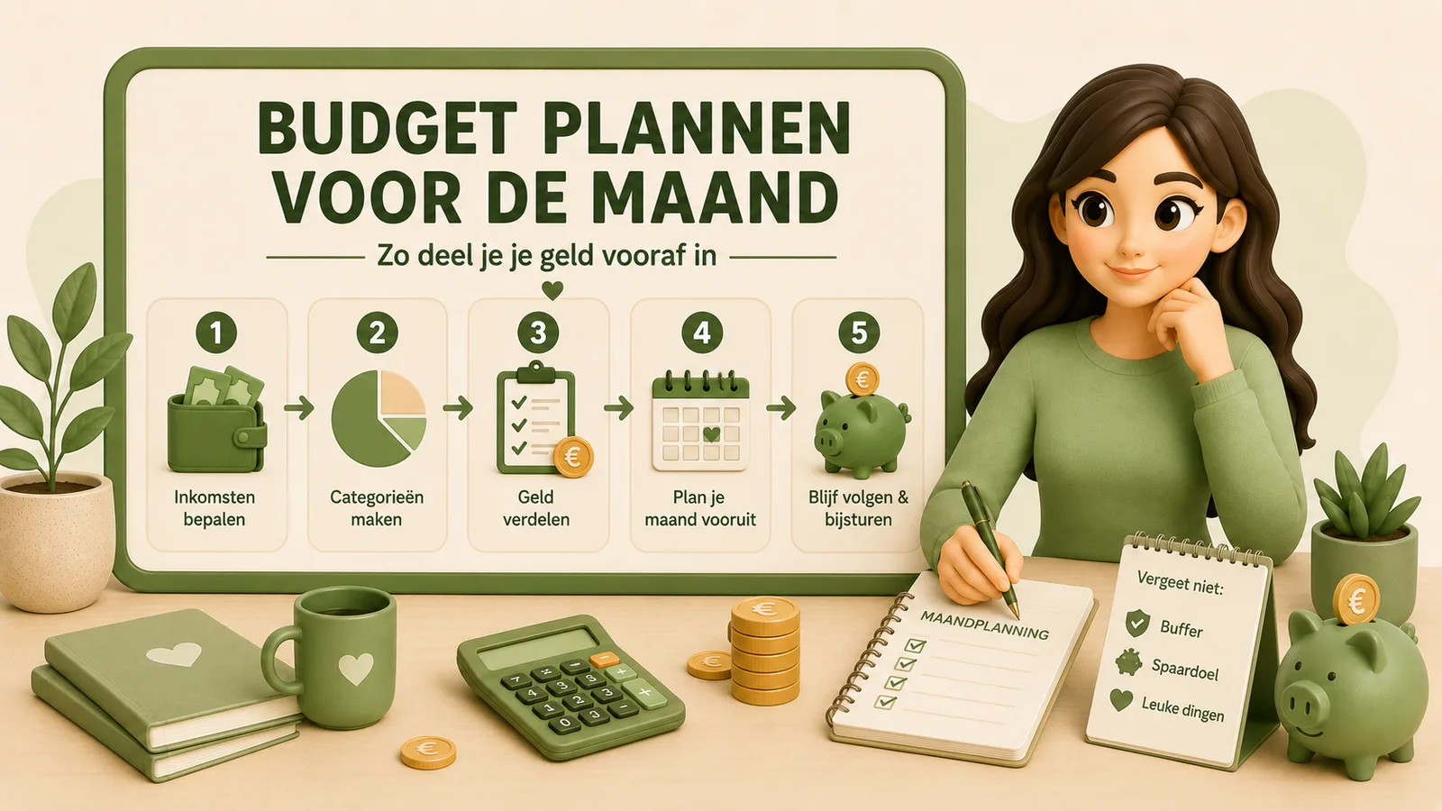 Illustratie met een bord met de tekst budget plannen voor de maand, zo deel je je geld vooraf in. Daaronder vijf genummerde stappen: inkomsten bepalen, categorieen maken, geld verdelen, plan je maand vooruit, en blijf volgen en bijsturen, met iconen van een portemonnee, een taartdiagram, een klembord, een kalender en een spaarvarken. Rechts schrijft een vrouw in een groene trui in een notitieboek met de kop maandplanning, naast een kaartje met vergeet niet: buffer, spaardoel en leuke dingen. Op tafel liggen boeken, een mok en een rekenmachine.
