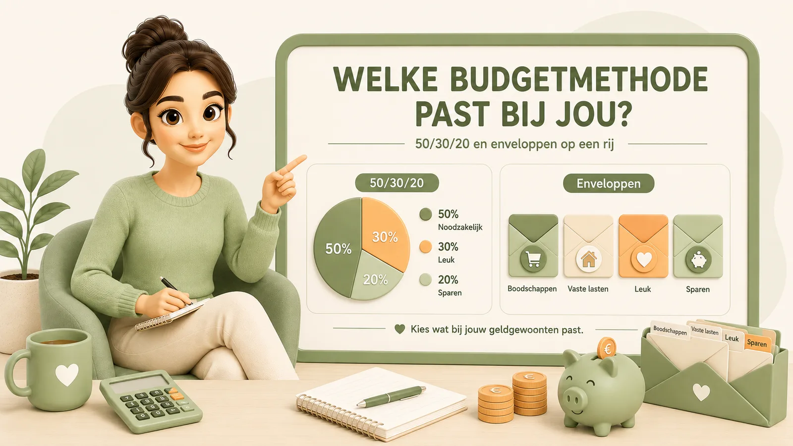 Illustratie van een vrouw die naar een bord wijst dat twee budgetmethoden vergelijkt: een 50/30/20 taartdiagram en een envelopsysteem met enveloppen voor boodschappen, vaste lasten, leuk en sparen.