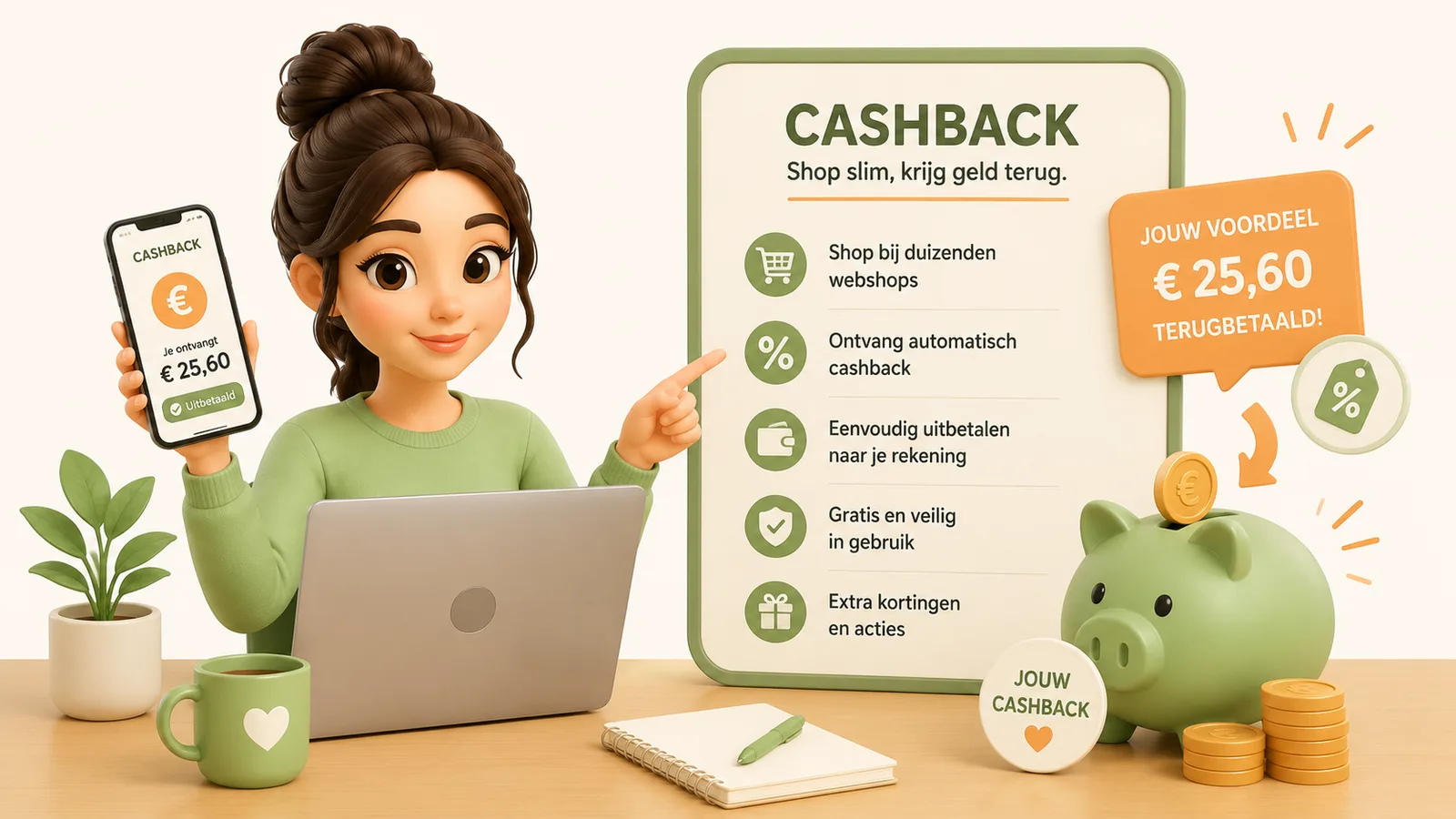 3D-illustratie van een vrouw die een cashback-app toont naast een spaarvarken, muntjes en een overzicht van cashback-voordelen.