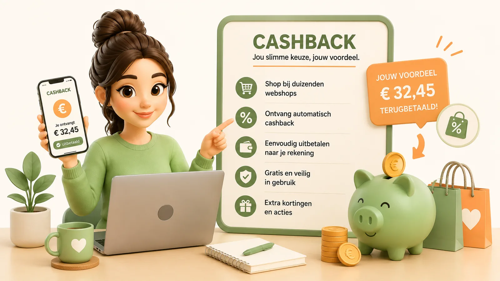 3D-illustratie van een vrouw die een cashback-app op haar telefoon toont naast een spaarvarken en een bord met cashback-voordelen.