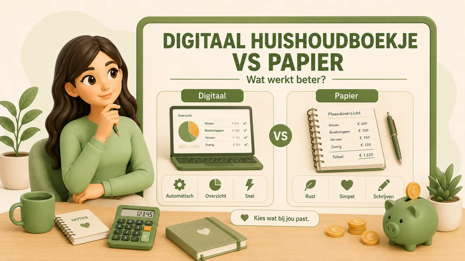 Illustratie met een bord met de tekst digitaal huishoudboekje vs papier, wat werkt beter? Daaronder twee vergelijkingsvakken met een vs-teken ertussen: links digitaal, met een laptop die een taartdiagram en een categorieoverzicht toont en de punten automatisch, overzicht en snel, en rechts papier, met een ringbandschrift met een handgeschreven maandoverzicht en een pen en de punten rust, simpel en schrijven. Links een vrouw in een groene trui met een pen in haar hand. Onderin staat: kies wat bij jou past.