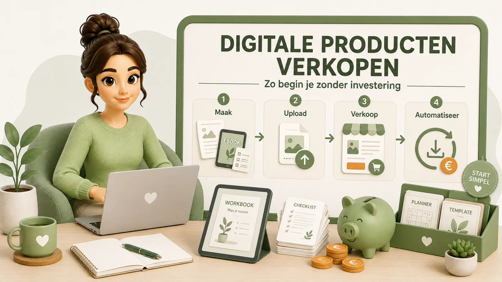 Illustratie van een vrouw achter een laptop naast een bord dat digitale producten verkopen in vier stappen toont: maken, uploaden, verkopen en automatiseren, met een tablet, checklists en muntjes op het bureau.