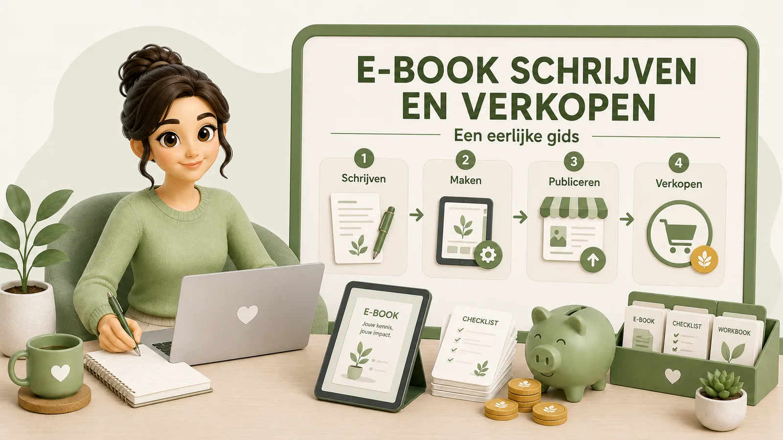 Illustratie van een vrouw die schrijft naast een laptop en een bord dat een e-book schrijven en verkopen in vier stappen toont: schrijven, maken, publiceren en verkopen, met een e-reader, checklists en een spaarvarken.