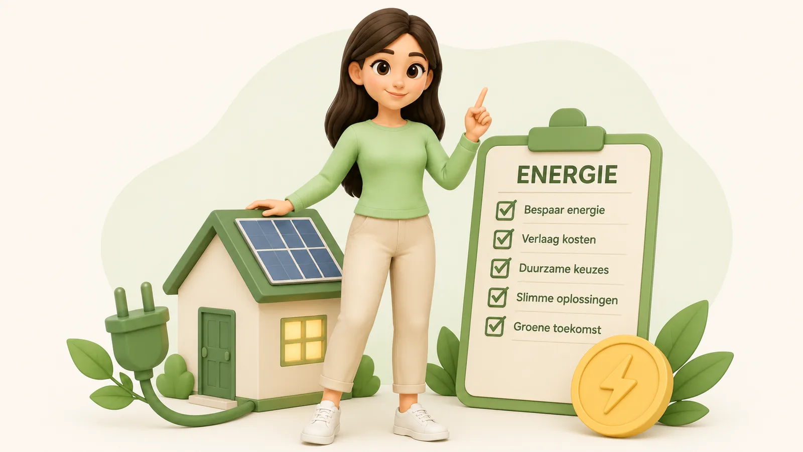 3D-illustratie van een vrouw die tegen een huis met zonnepanelen leunt naast een klembord over energie besparen.