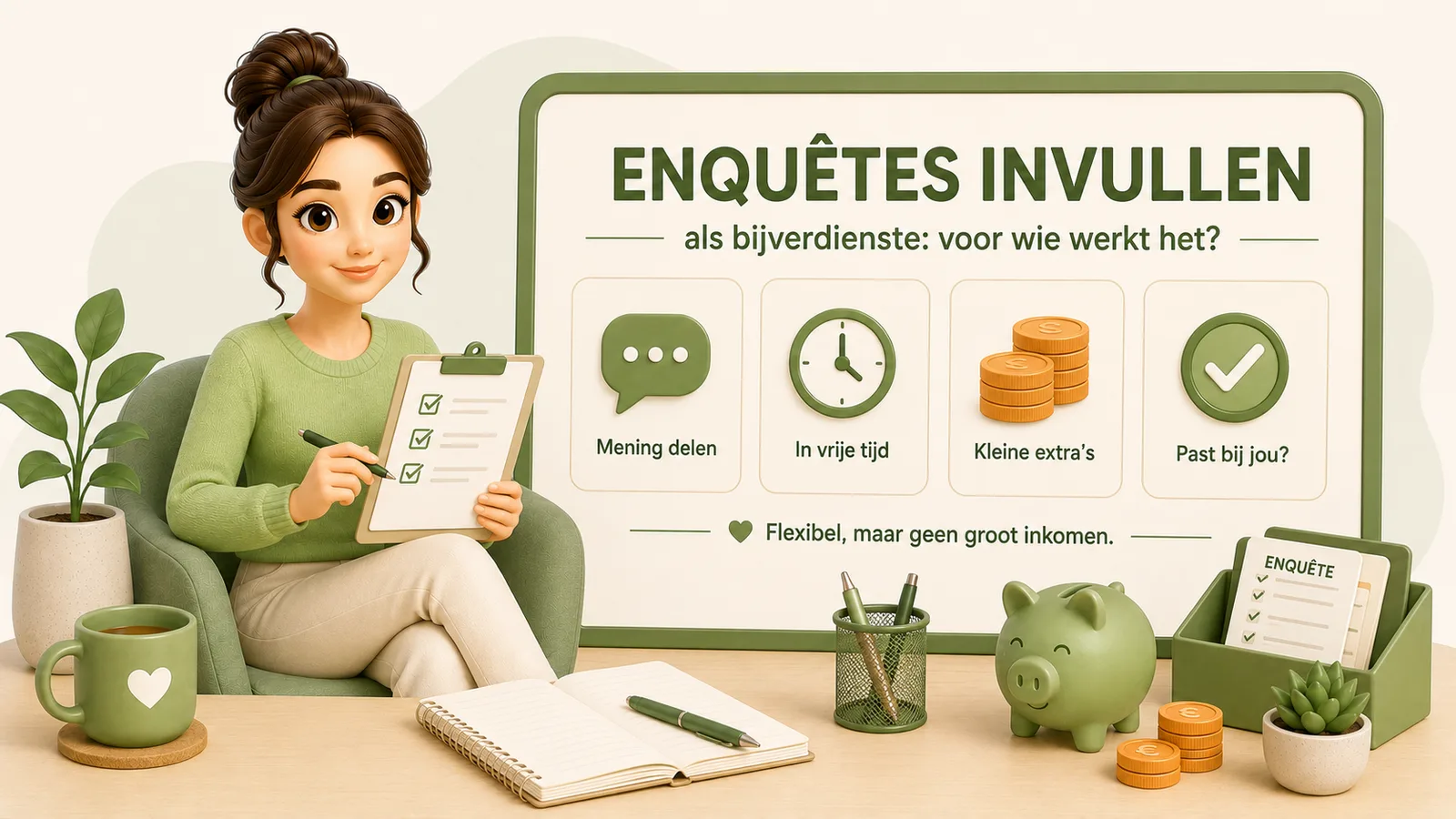 Illustratie van een vrouw in een fauteuil met een klembord naast een bord over enquetes invullen als bijverdienste, met iconen voor mening delen, in je vrije tijd, kleine extra's en of het bij je past.