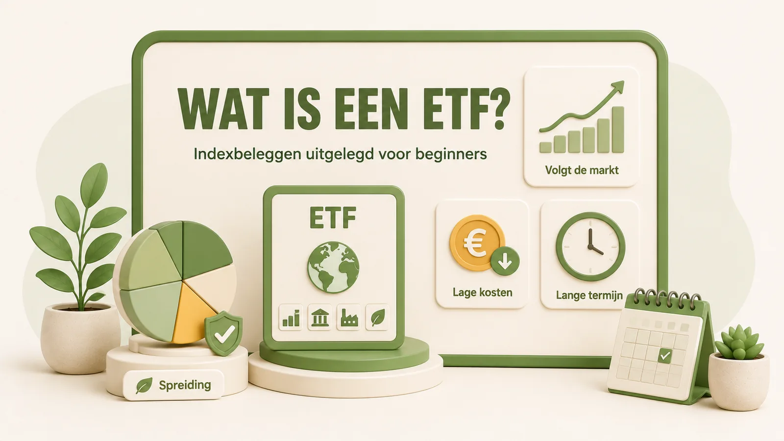 Illustratie met de titel Wat is een ETF en indexbeleggen uitgelegd voor beginners, met een taartdiagram voor spreiding, een wereldbol, een munt met een dalende pijl voor lage kosten, een klok voor de lange termijn en een stijgende grafiek.
