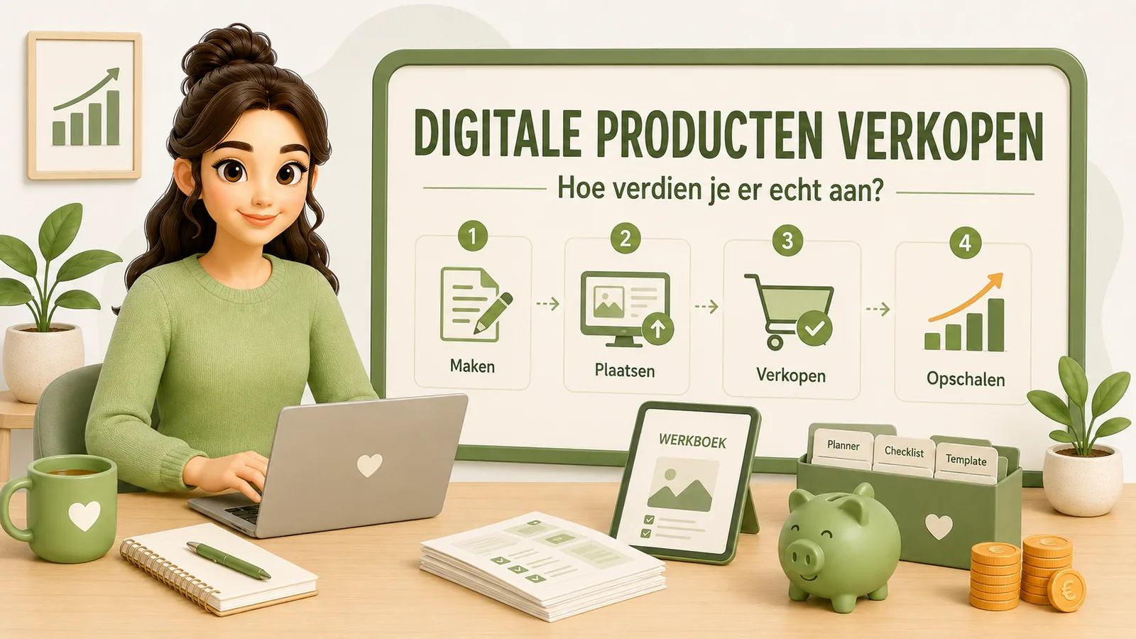 Illustratie van een vrouw achter een laptop naast een bord dat digitale producten verkopen in vier stappen toont: maken, plaatsen, verkopen en opschalen, met een tablet, een stijgende grafiek en een spaarvarken.