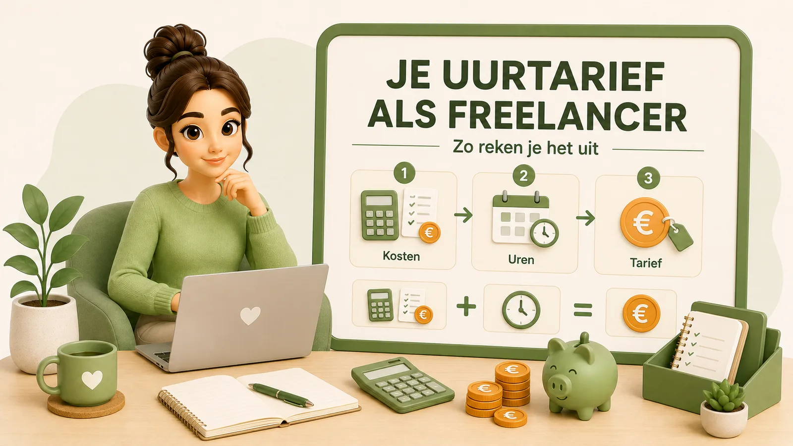 Illustratie van een vrouw met een laptop naast een bord dat in drie stappen uitlegt hoe je je freelance uurtarief berekent uit kosten, uren en tarief, met een rekenmachine, klok en muntjes.