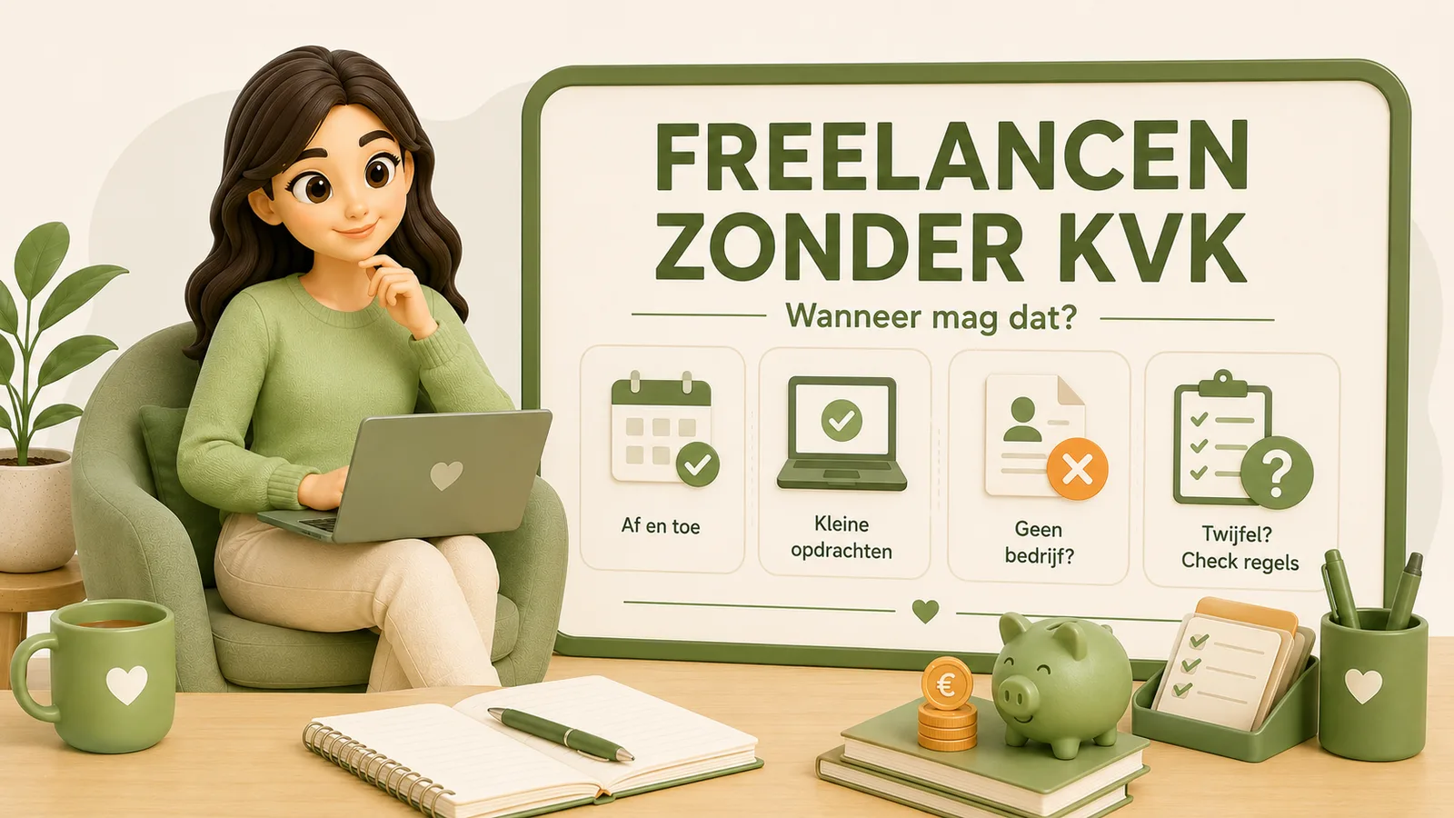 Illustratie van een vrouw met een laptop in een fauteuil naast een bord over freelancen zonder KVK, met iconen voor af en toe werken, kleine opdrachten, geen bedrijf en het checken van de regels.