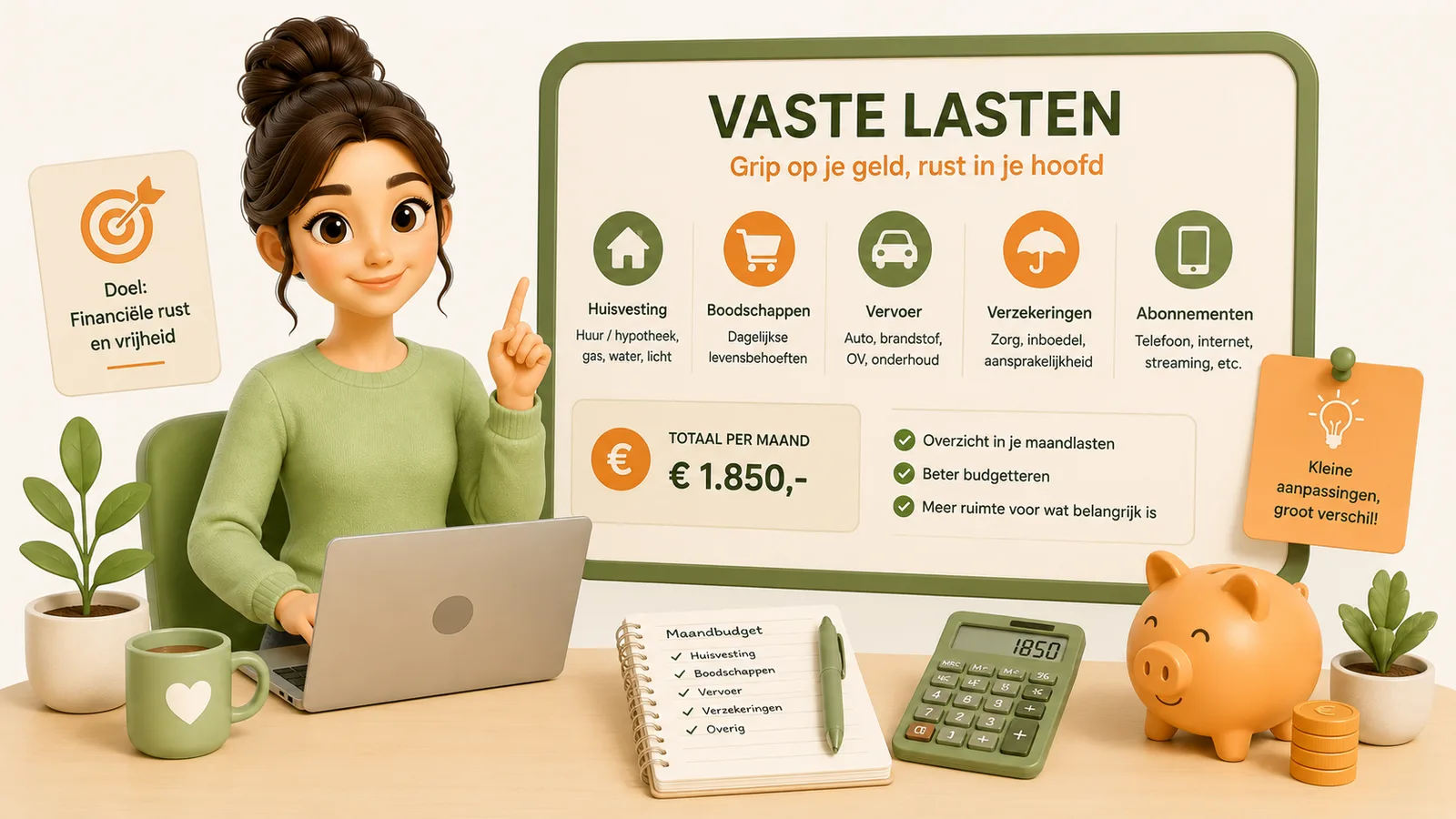 3D-illustratie van een vrouw met een laptop naast een overzicht van vaste lasten, een rekenmachine en een spaarvarken.