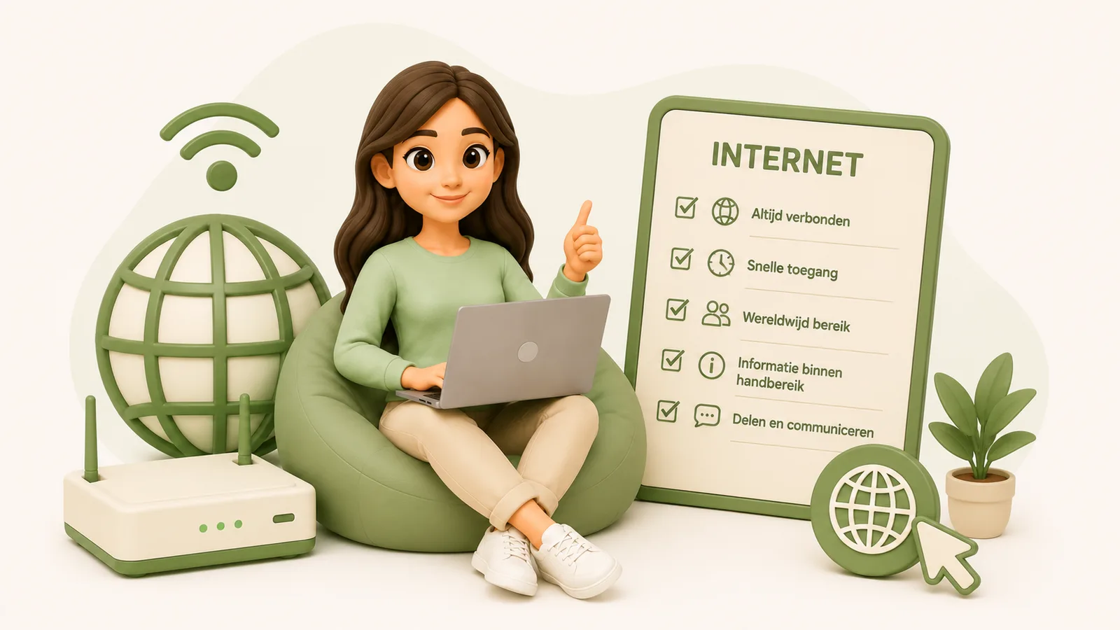 3D-illustratie van een vrouw met een laptop in een groene zitzak naast een router en een internet-checklist.