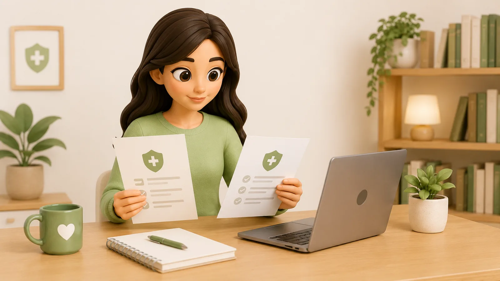 3D-illustratie van een vrouw aan een bureau die twee zorgpolissen met een groen kruis met elkaar vergelijkt.