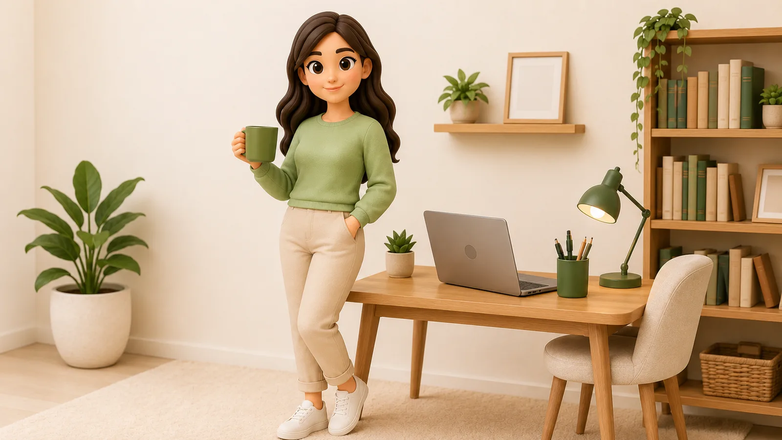 3D-illustratie van een vrouw met een mok in een thuiskantoor met een bureau, een laptop en een boekenkast.