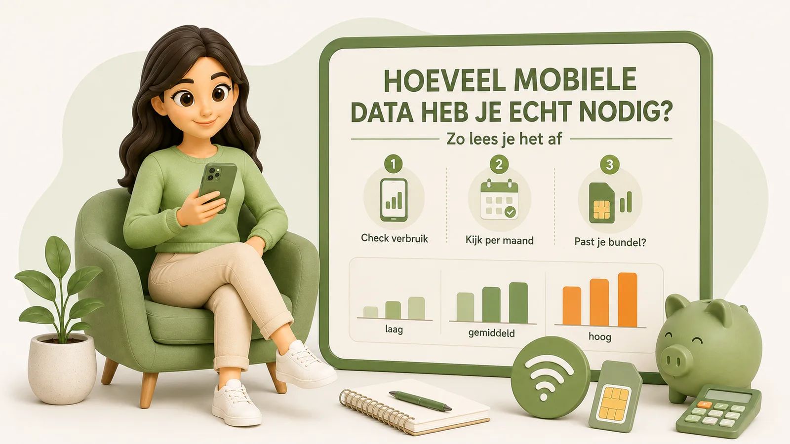 Illustratie van een vrouw met een smartphone in een fauteuil naast een bord over hoeveel mobiele data je nodig hebt, met stappen om je verbruik te checken en een staafdiagram van laag naar hoog verbruik.