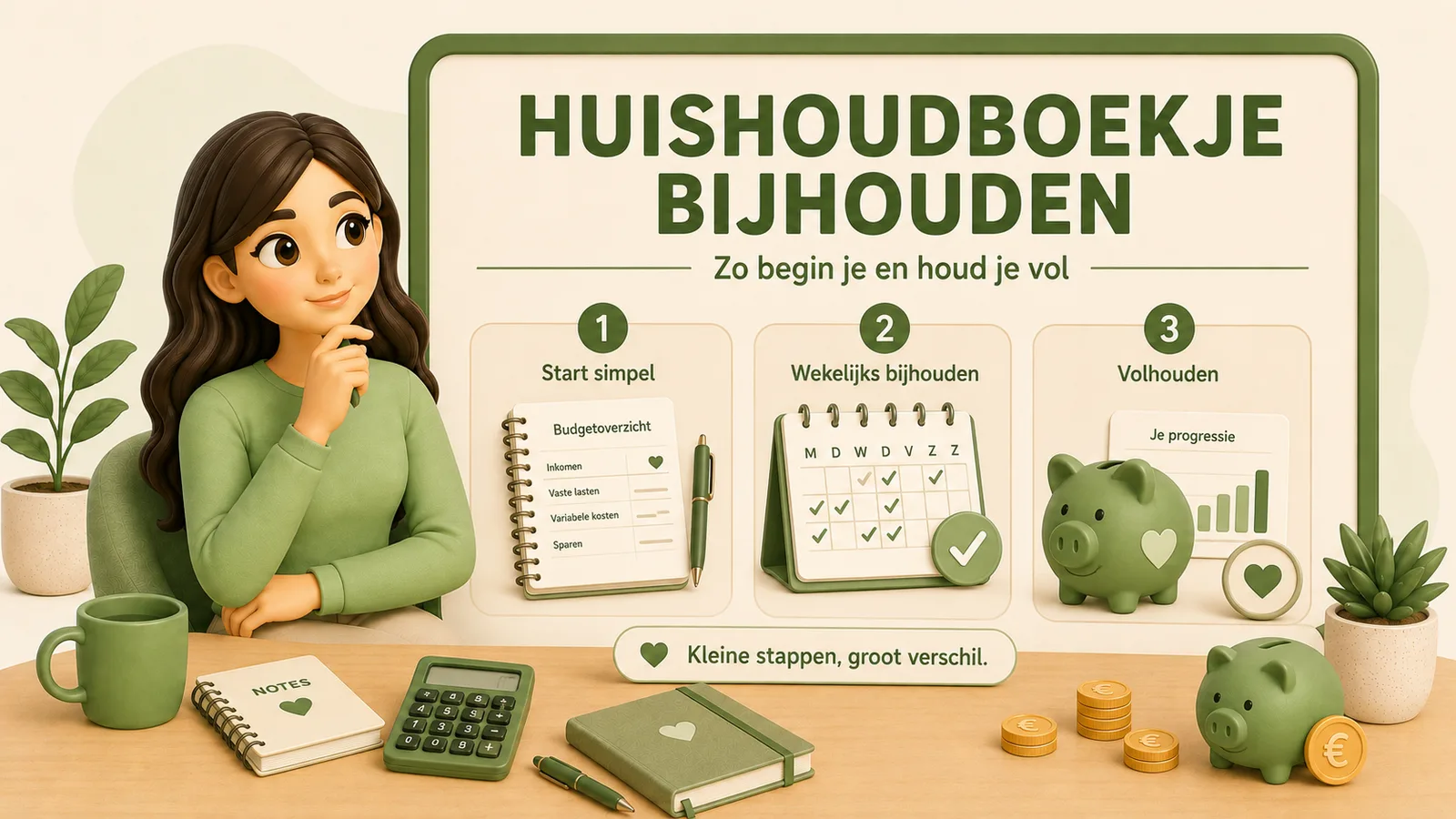 Illustratie met een bord met de tekst huishoudboekje bijhouden, zo begin je en houd je vol. Daaronder drie genummerde stappen: start simpel met een notitieboek met de kop budgetoverzicht en de regels inkomen, vaste lasten, variabele kosten en sparen, wekelijks bijhouden met een kalender vol vinkjes, en volhouden met een spaarvarken en een staafdiagram met de tekst je progressie. Links een vrouw in een groene trui met haar hand aan haar kin. Onderin staat: kleine stappen, groot verschil.