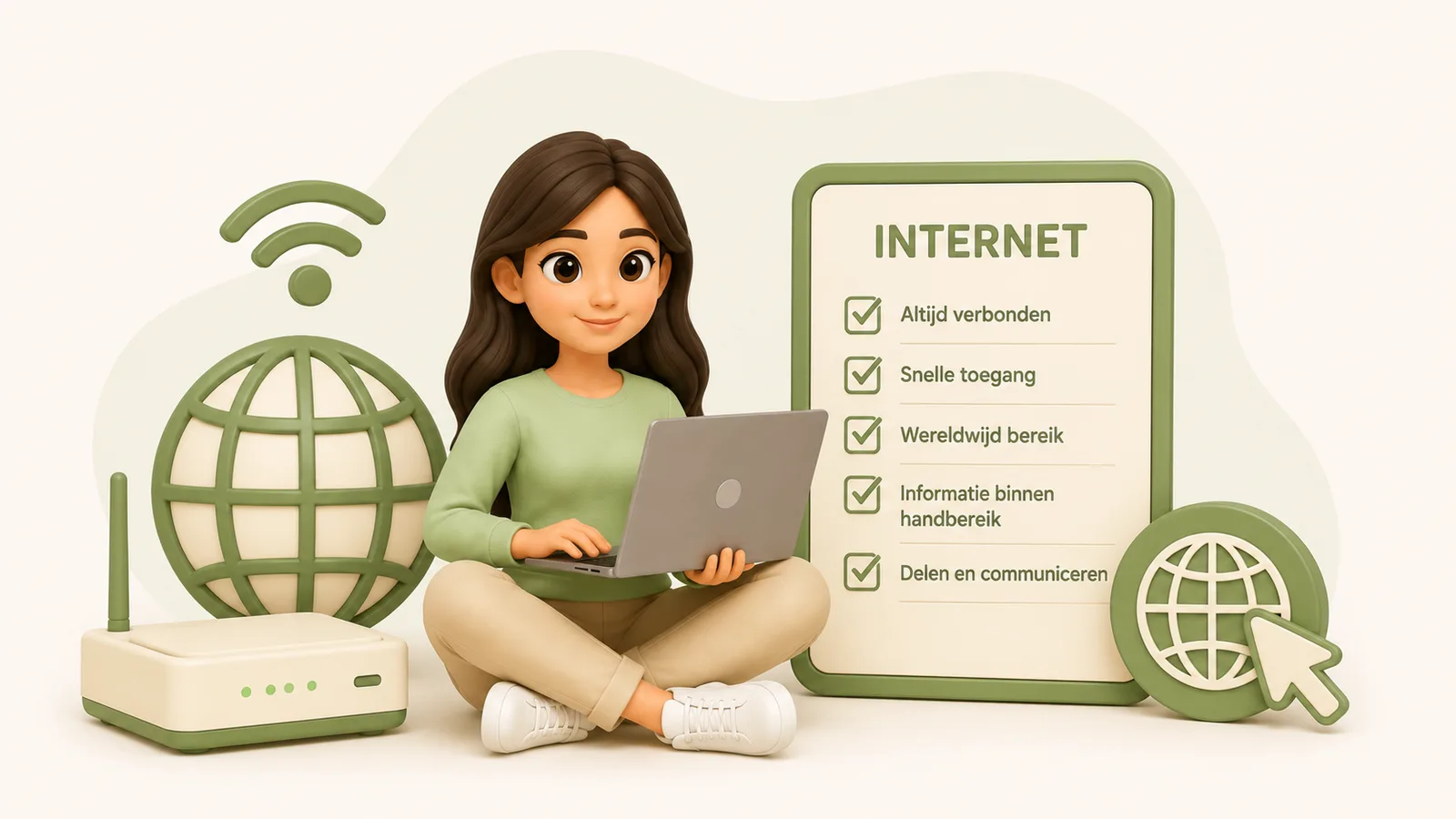 3D-illustratie van een vrouw met een laptop in kleermakerszit naast een router, een wereldbol en een internet-checklist.