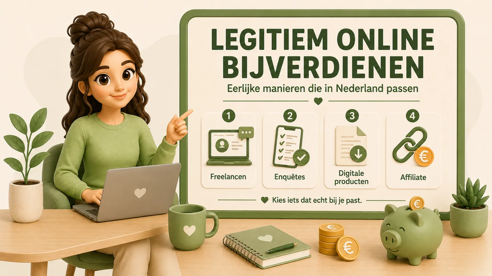 Illustratie van een vrouw achter haar laptop die wijst naar een bord met de tekst Legitiem online bijverdienen, met vier categorieën: freelancen, enquêtes, digitale producten en affiliate.