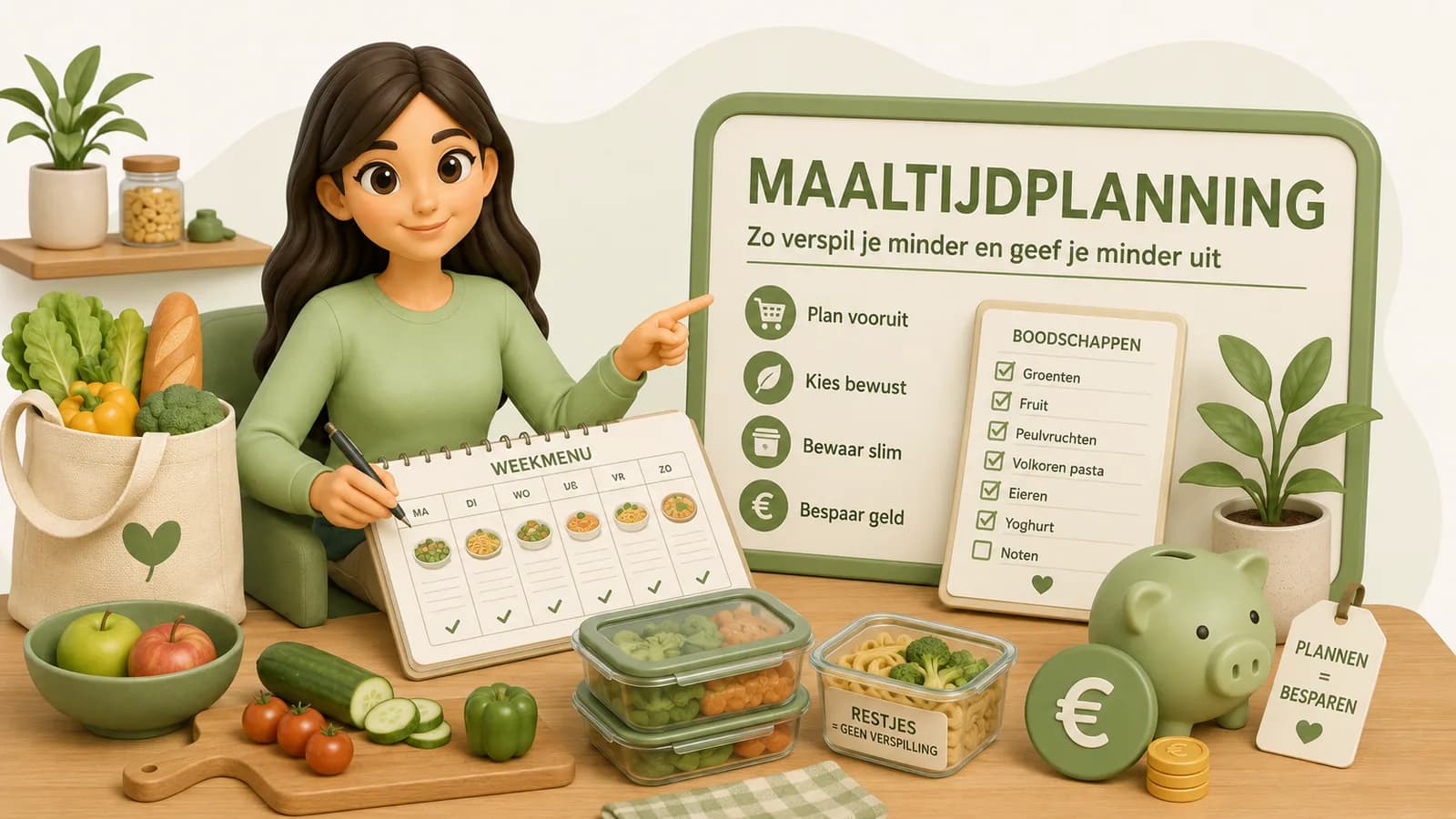 Illustratie van een vrouw die een weekmenu vasthoudt naast een bord over maaltijdplanning met punten om vooruit te plannen, bewust te kiezen, slim te bewaren en geld te besparen, met verse groenten, een boodschappentas en vershoudbakjes.