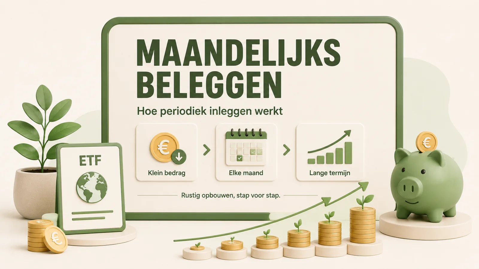Illustratie met een bord met de tekst maandelijks beleggen, hoe periodiek inleggen werkt. Daaronder drie stappen met pijlen ertussen: klein bedrag met een muntje, elke maand met een kalender, en lange termijn met een stijgend staafdiagram. Eronder staat: rustig opbouwen, stap voor stap. Links staat een kaart met de letters ETF en een wereldbol naast een plant, rechts een spaarvarken op een sokkel, en onderlangs loopt een rij oplopende muntstapels met plantjes en een stijgende pijl.