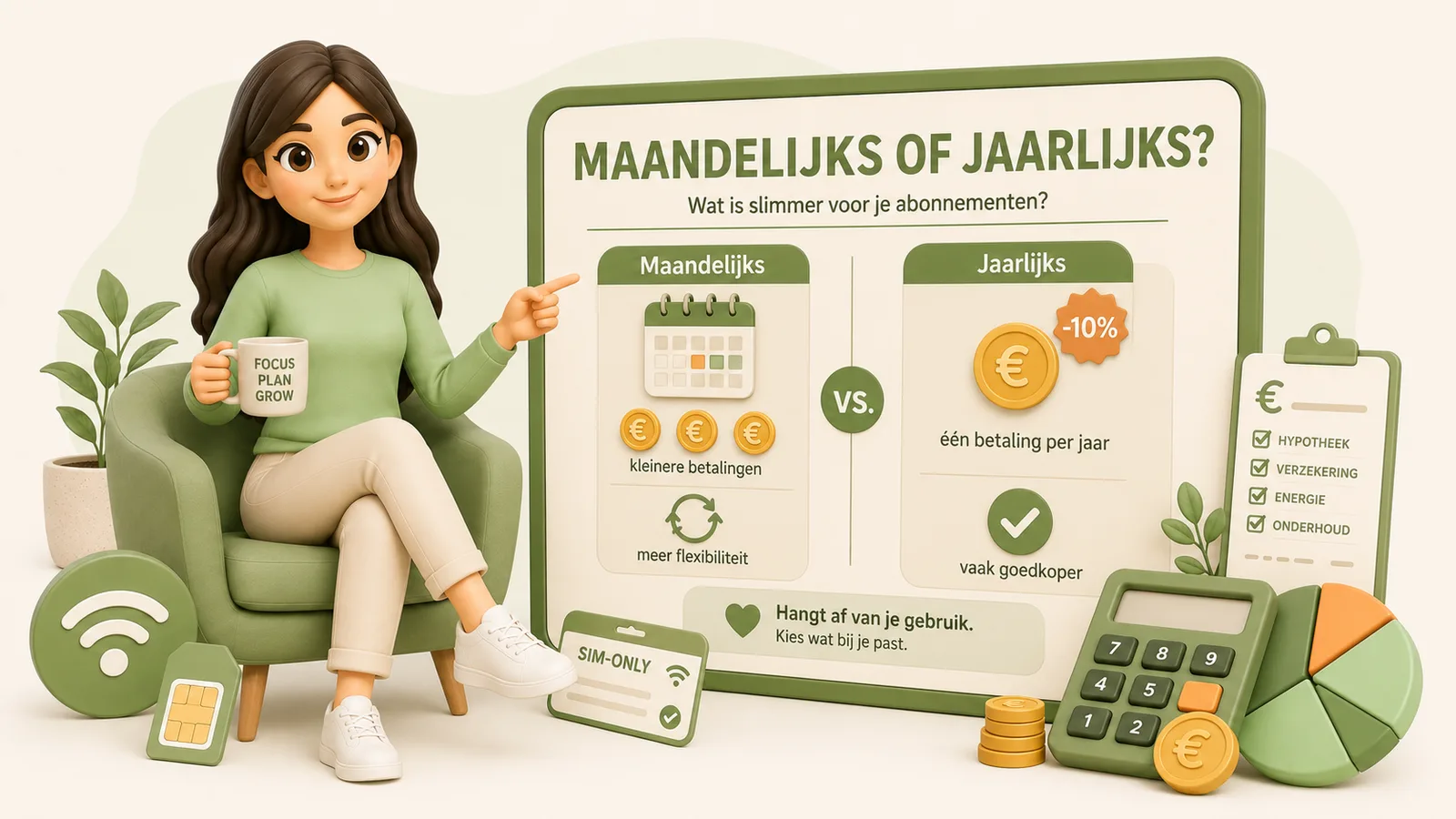 Illustratie van een vrouw met een mok in een fauteuil naast een bord dat maandelijks betalen vergelijkt met jaarlijks betalen voor abonnementen, met voordelen als flexibiliteit tegenover een jaarlijkse korting.