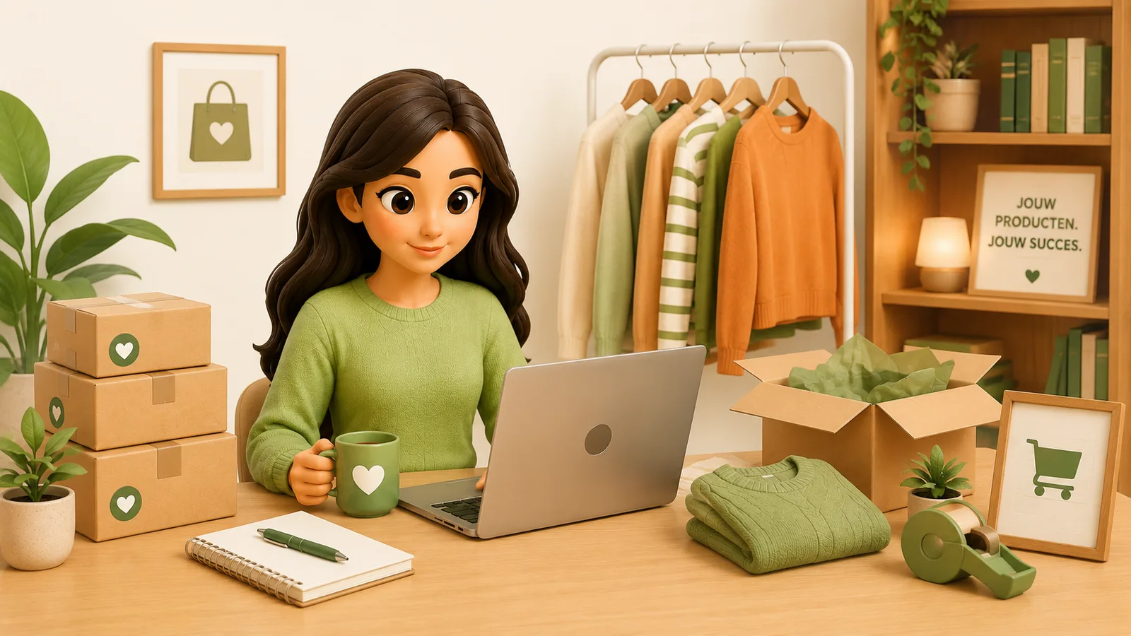 3D-illustratie van een vrouw met een laptop die verkochte spullen inpakt tussen verzenddozen en kleding.