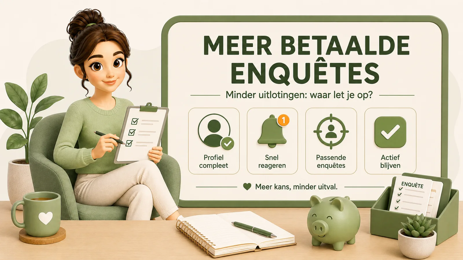 Illustratie van een vrouw met een klembord naast een bord over meer betaalde enquetes krijgen, met iconen voor een compleet profiel, snel reageren, passende enquetes en actief blijven.
