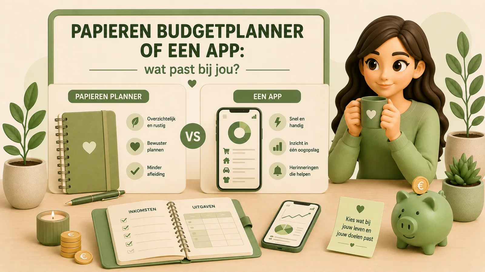Illustratie met een bord met de tekst papieren budgetplanner of een app: wat past bij jou? Daaronder twee vakken met een vs-teken ertussen: papieren planner met een ringband en pen en de punten overzichtelijk en rustig, bewuster plannen en minder afleiding, en een app met een telefoon met een ringdiagram en de punten snel en handig, inzicht in een oogopslag en herinneringen die helpen. Op tafel ligt een opengeslagen planner met de kolommen inkomsten en uitgaven, naast een telefoon en een notitie met de tekst kies wat bij jouw leven en jouw doelen past. Rechts een vrouw in een groene trui met een mok in haar handen.