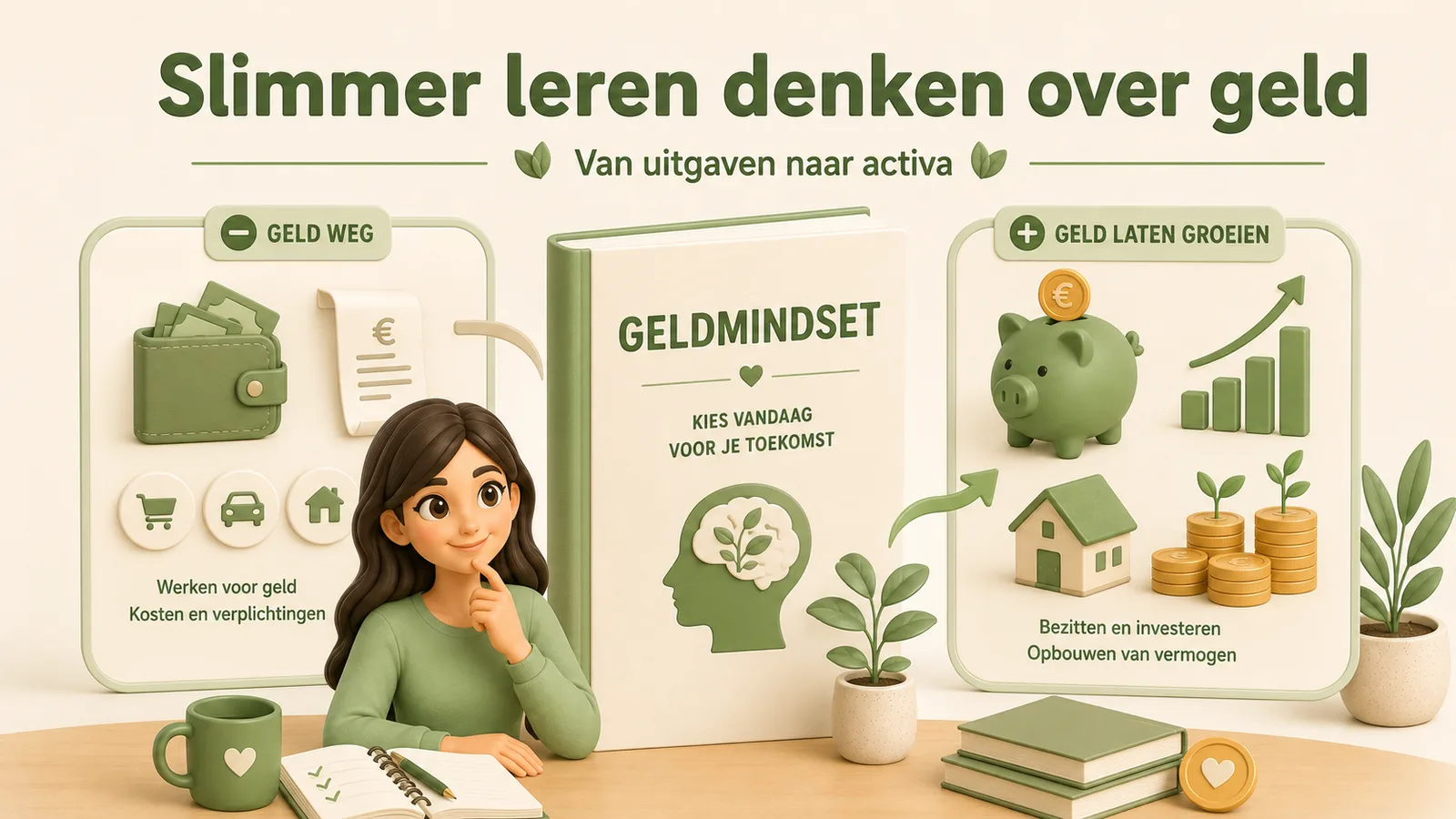 Illustratie met bovenaan de kop slimmer leren denken over geld, van uitgaven naar activa. In het midden staat een boek met de titel Geldmindset en de tekst kies vandaag voor je toekomst, met een silhouet van een hoofd met een blaadje erin. Links een vak met het label geld weg, met een portemonnee, een bon en iconen voor winkelen, een auto en een huis, en de tekst werken voor geld, kosten en verplichtingen. Rechts een vak met het label geld laten groeien, met een spaarvarken, een stijgende grafiek, een huis en muntstapels met plantjes, en de tekst bezitten en investeren, opbouwen van vermogen. Vooraan zit een vrouw in een groene trui aan een tafel met een notitieboek en een mok.