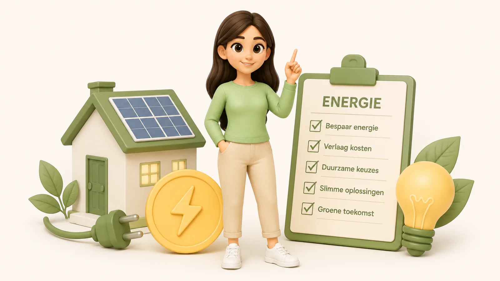 3D-illustratie van een vrouw naast een huis met zonnepanelen en een klembord met een energie-checklist.