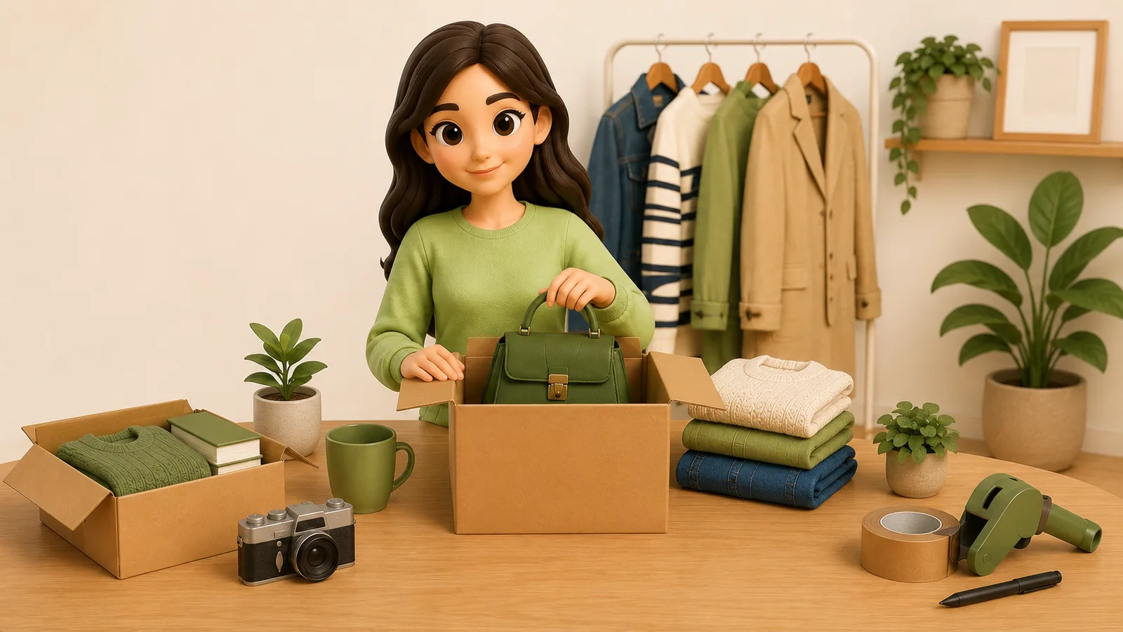 3D-illustratie van een vrouw die spullen zoals een tas en kleding in een verzenddoos verpakt.