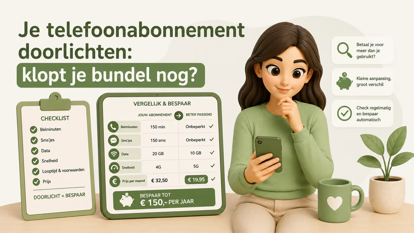 Illustratie van een vrouw met een smartphone naast een checklist en een vergelijkingstabel die een huidig telefoonabonnement afzet tegen een beter passend abonnement, met de boodschap dat doorlichten geld bespaart.
