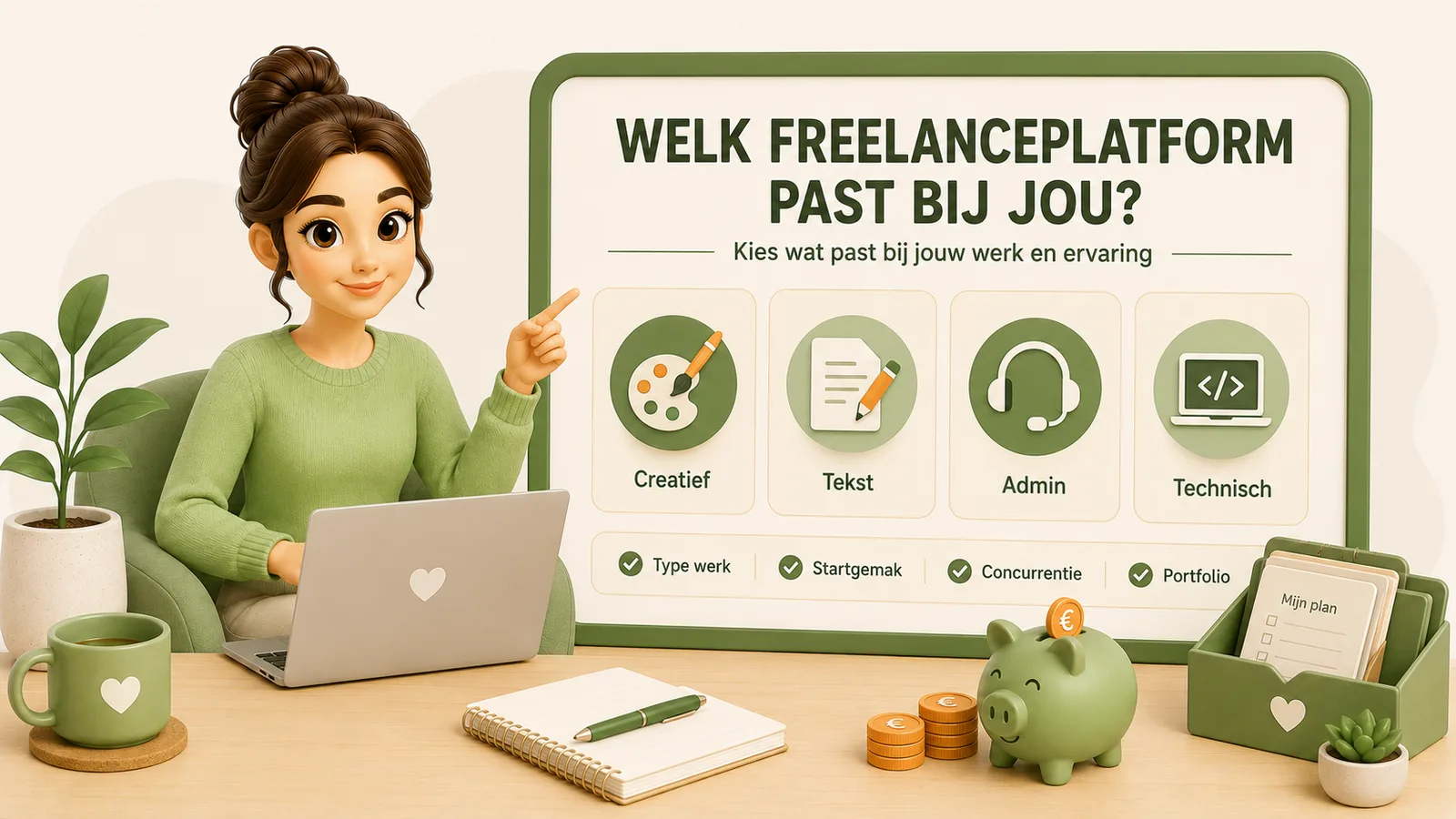 Illustratie van een vrouw met een laptop naast een bord dat vraagt welk freelanceplatform bij je past, met categorieen creatief, tekst, admin en technisch en afwegingen als type werk, startgemak, concurrentie en portfolio.