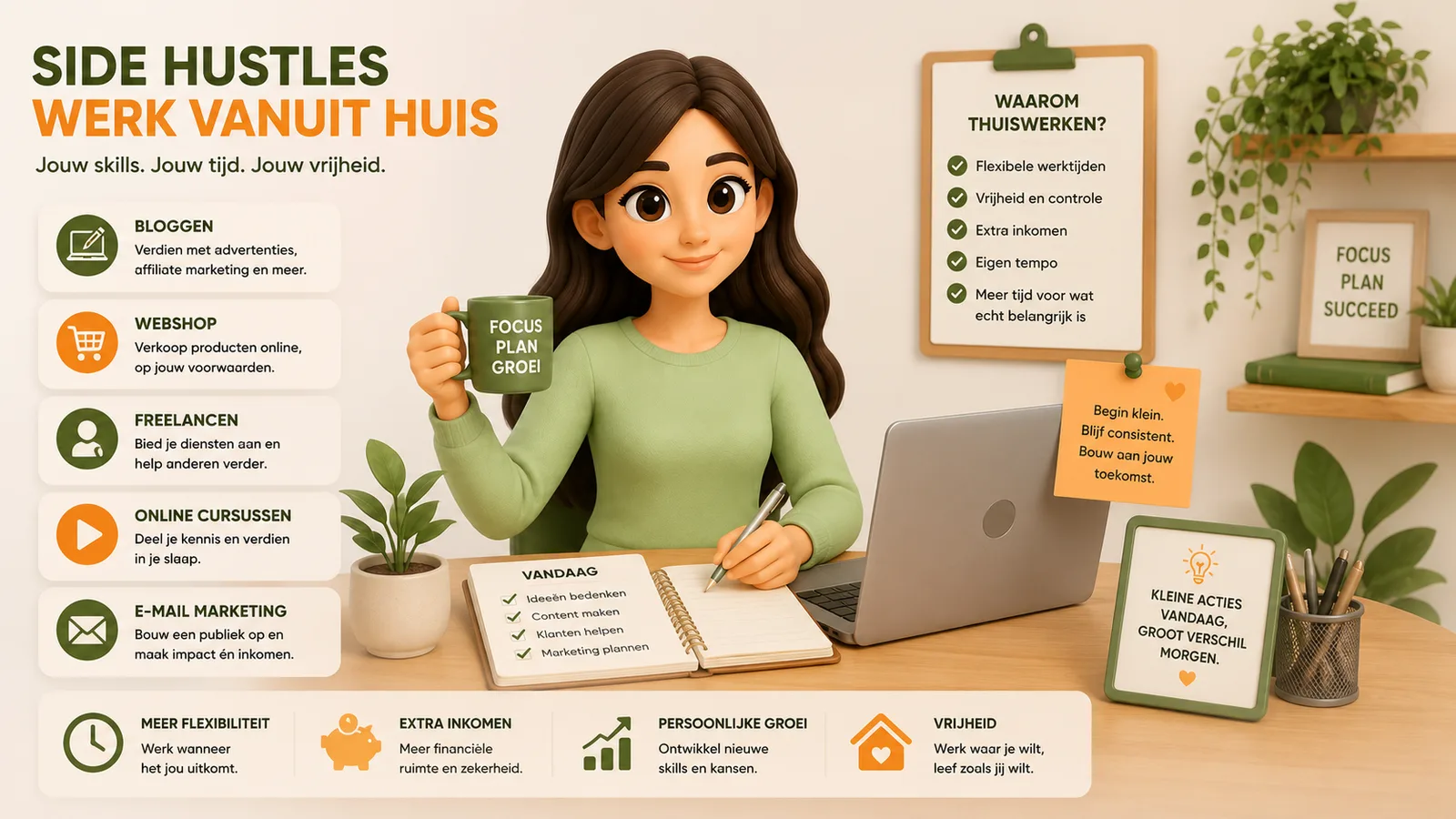 3D-illustratie van een vrouw met een mok die thuiswerkt aan een bureau met een dagplanning.