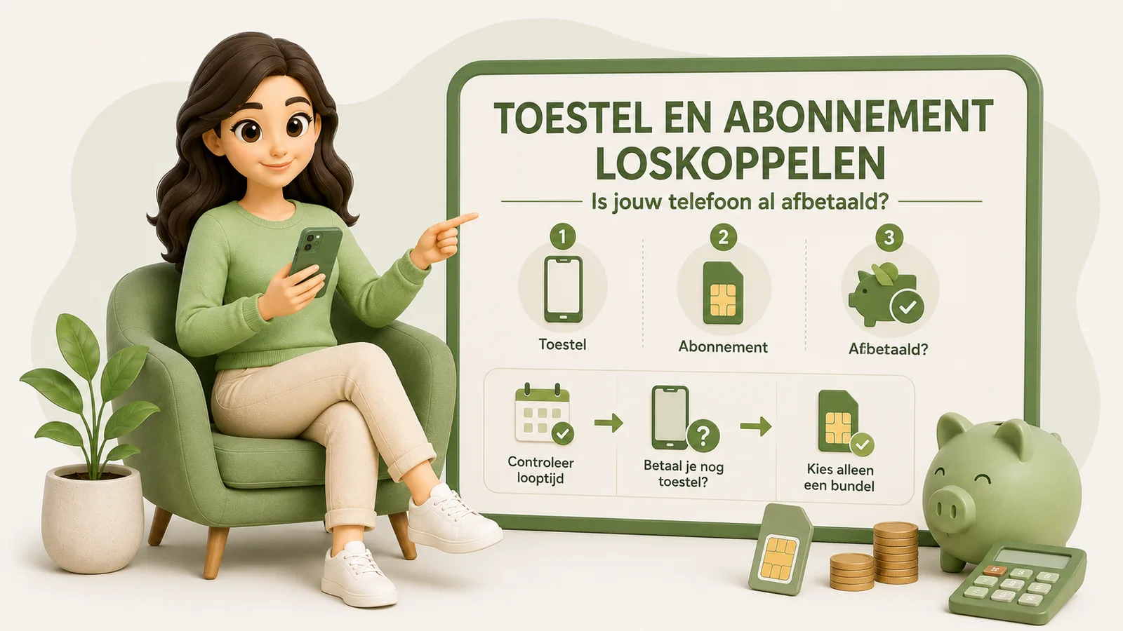 Illustratie van een vrouw met een smartphone naast een bord over het loskoppelen van toestel en abonnement, met stappen om te checken of de telefoon is afbetaald en daarna alleen een bundel te kiezen.