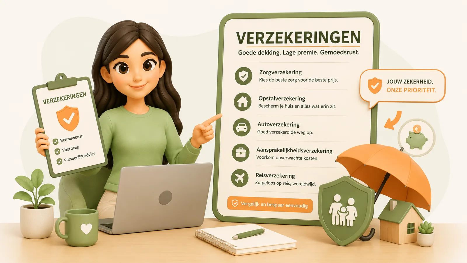 3D-illustratie van een vrouw met een laptop die naar een overzichtsbord met verschillende verzekeringen wijst.