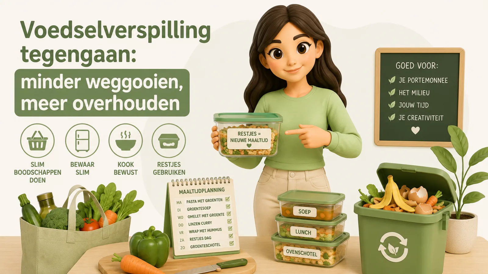 Illustratie van een vrouw die een bakje met restjes vasthoudt naast tekst over voedselverspilling tegengaan, met iconen voor slim boodschappen doen, bewaren, koken en restjes gebruiken en een krijtbord met de voordelen.