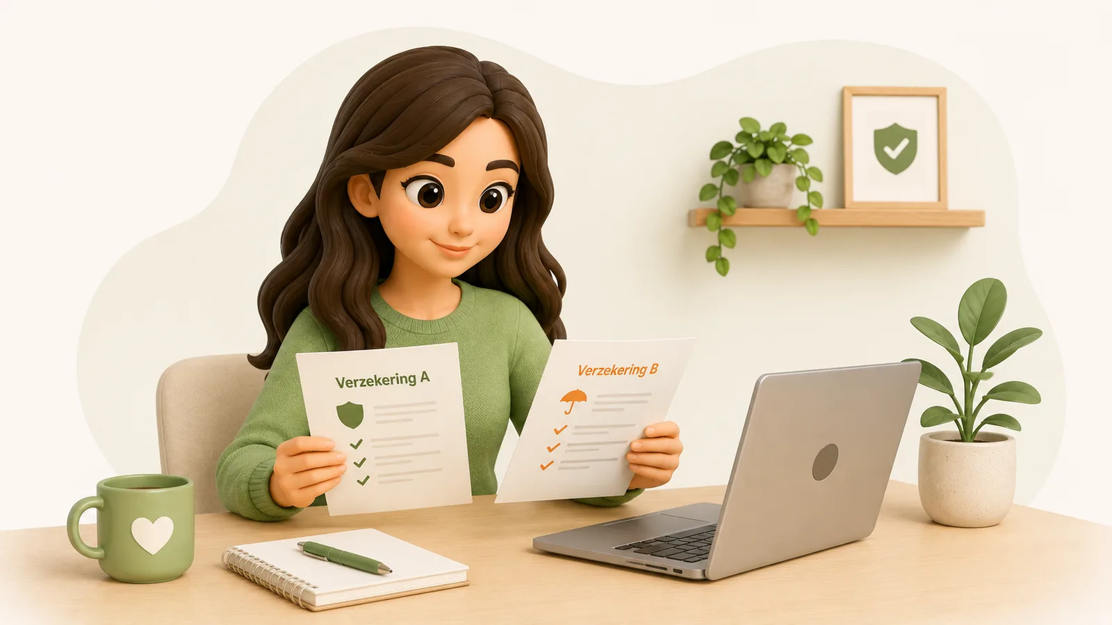 3D-illustratie van een vrouw aan een bureau die twee verzekeringspolissen naast elkaar vergelijkt, met een laptop, een koffiemok en een plantje.